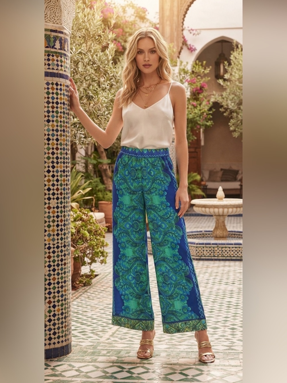 New Villa Silk Pant Johnny Was Blue/Green sizeL